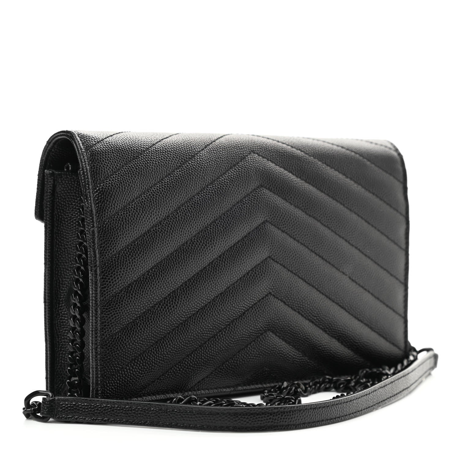 Saint Laurent Grain De Poudre Matelasse Chevron Monogram Monochrome Envelope Chain Wallet Black 3 of 11
