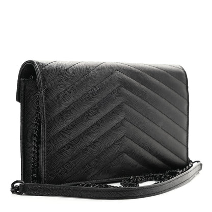 Saint Laurent Grain De Poudre Matelasse Chevron Monogram Monochrome Envelope Chain Wallet Black 3 of 11