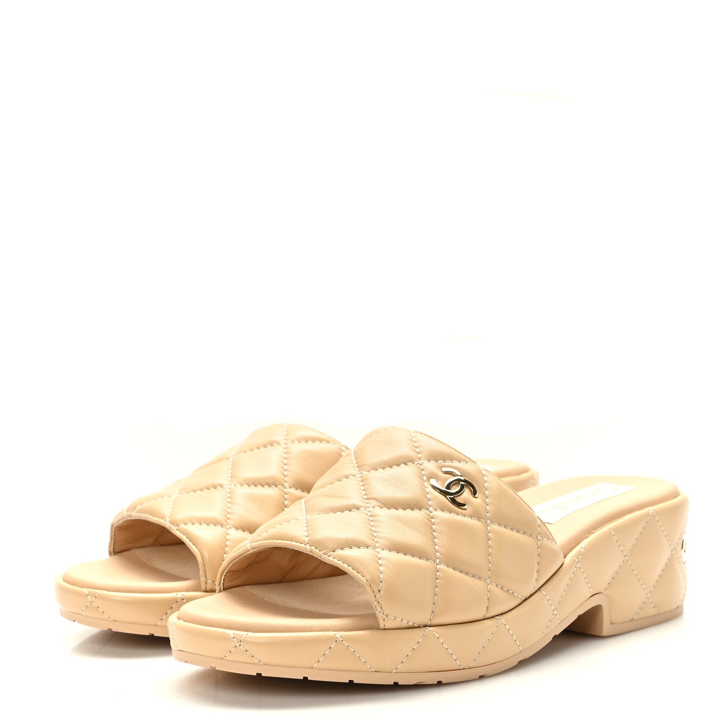 Lambskin Quilted CC Mules Wedge Sandals 39 Beige