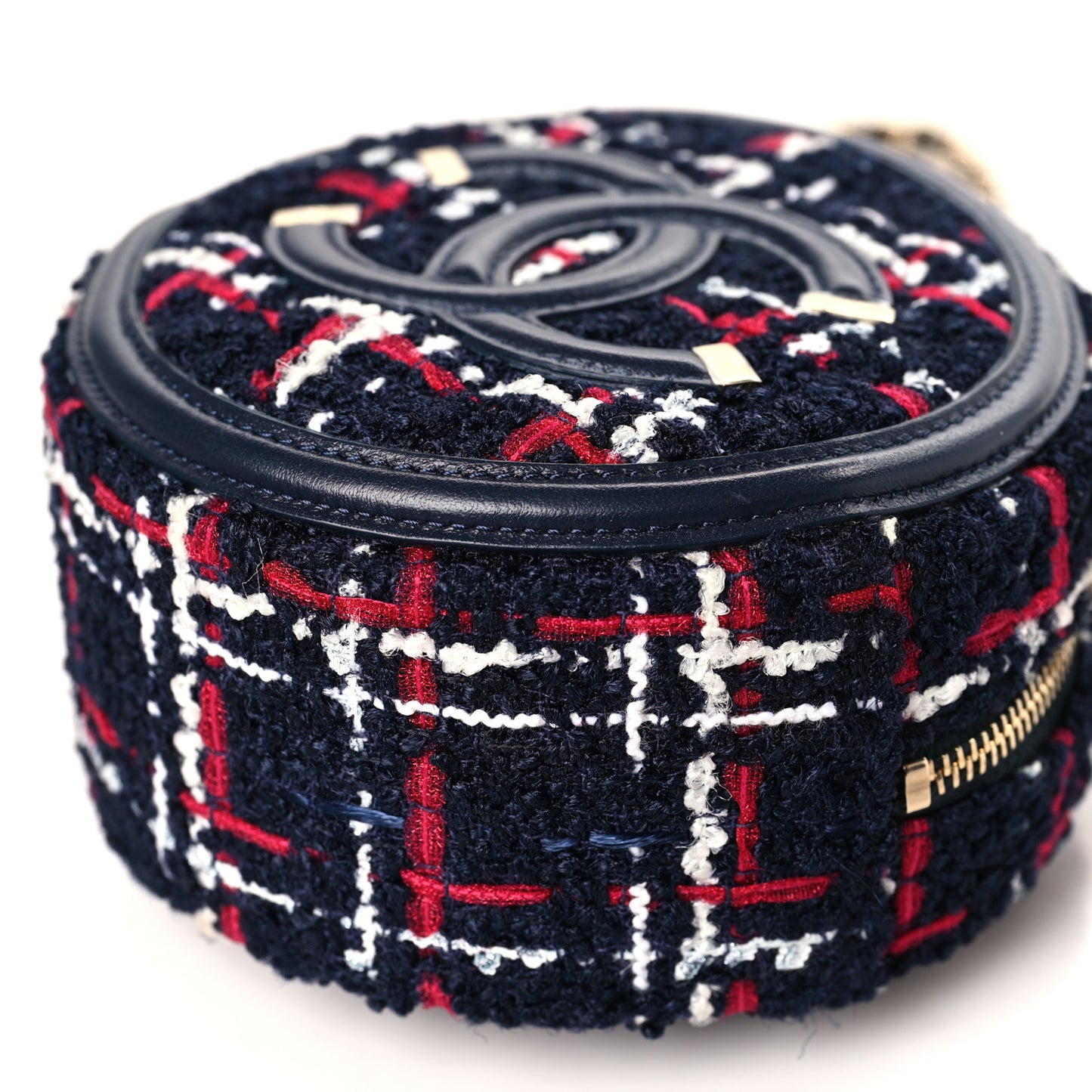 Tweed Quilted Round Filigree Clutch With Chain Navy Blue