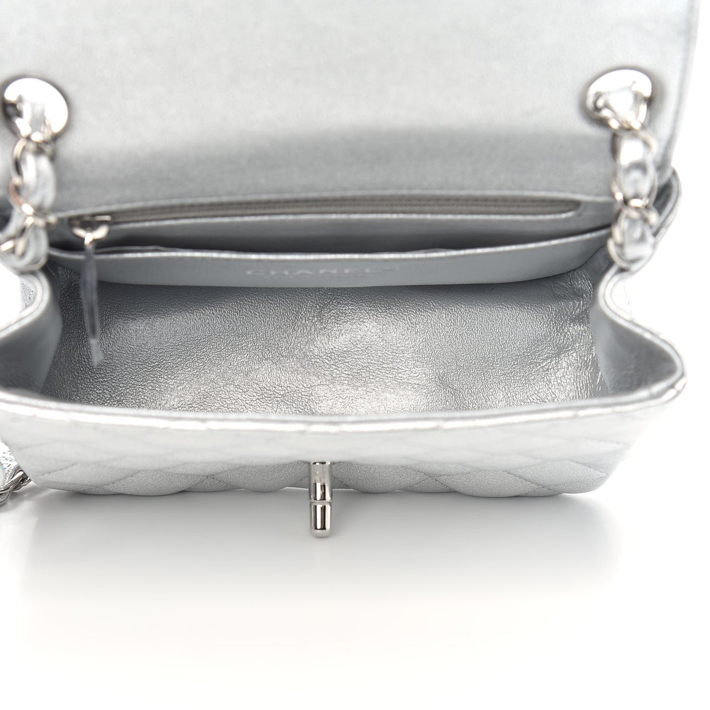 Metallic Lambskin Quilted Mini Square Flap Silver