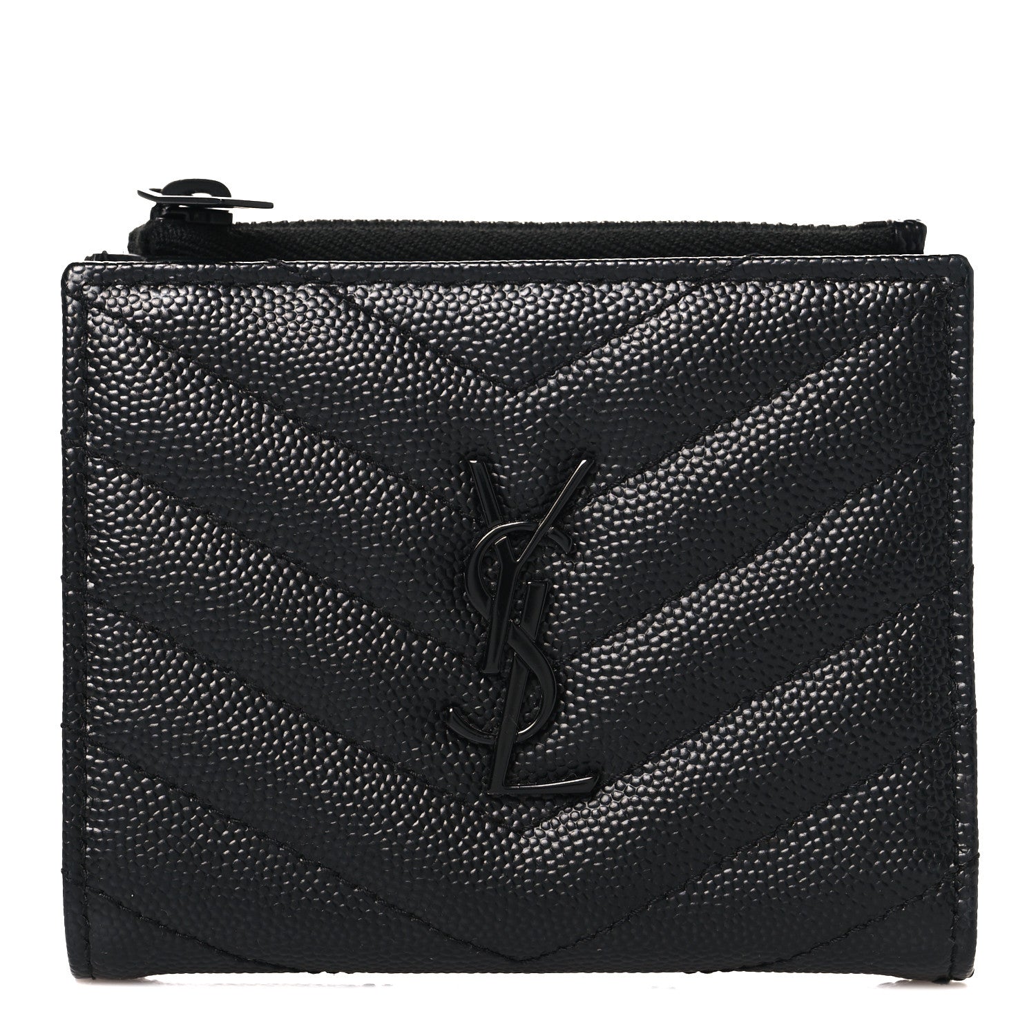 Saint Laurent Grain De Poudre Matelasse Chevron Monogram Zipped Card Case Black Black 1 of 9
