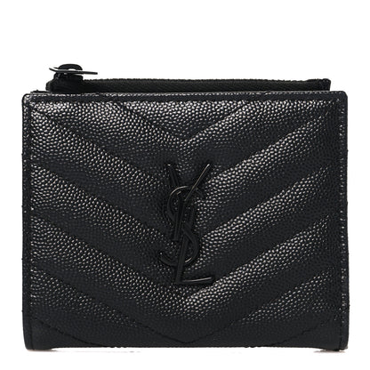 Saint Laurent Grain De Poudre Matelasse Chevron Monogram Zipped Card Case Black Black 1 of 9