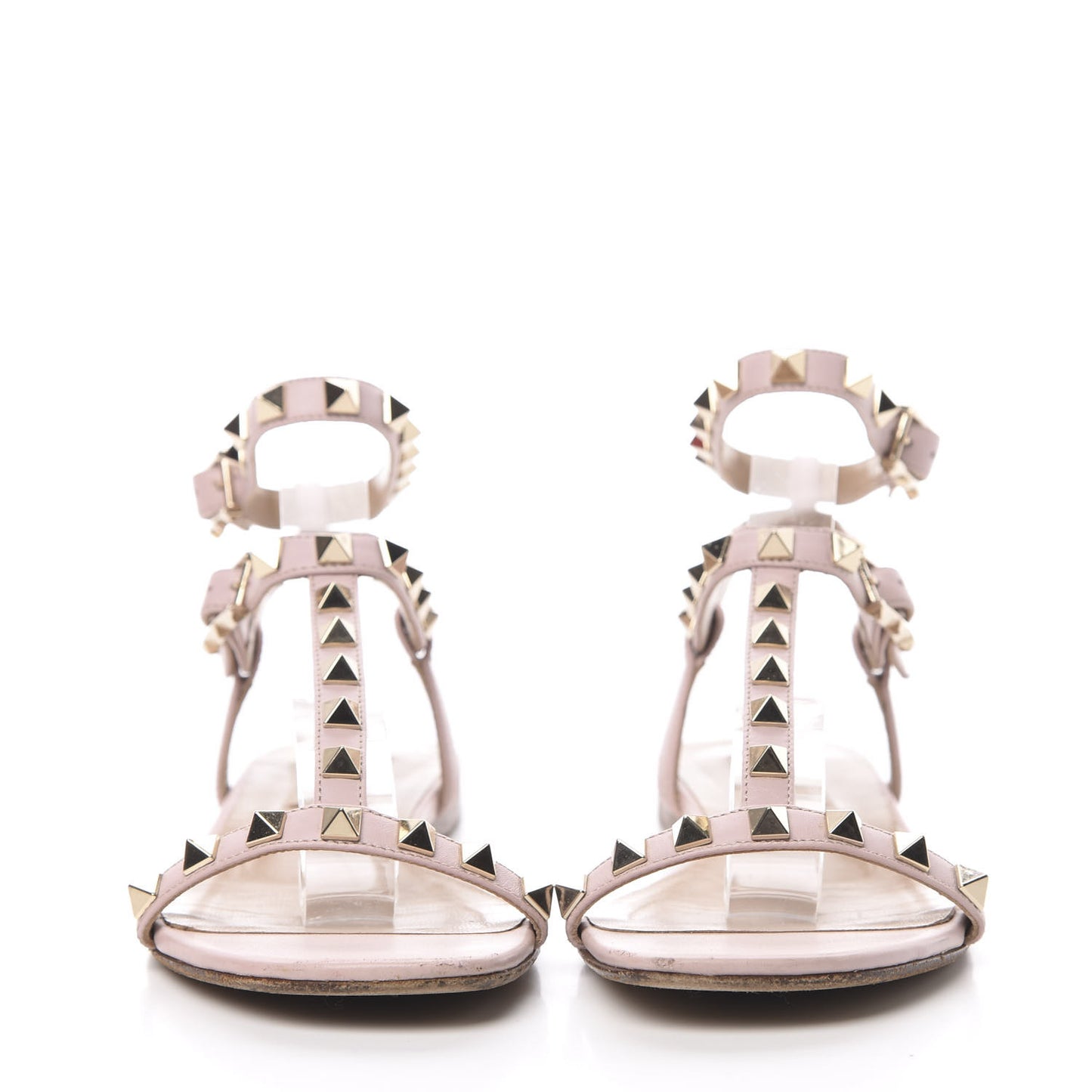 Calfskin Rockstud Ankle T-Strap Flat Sandals 35 Water Rose