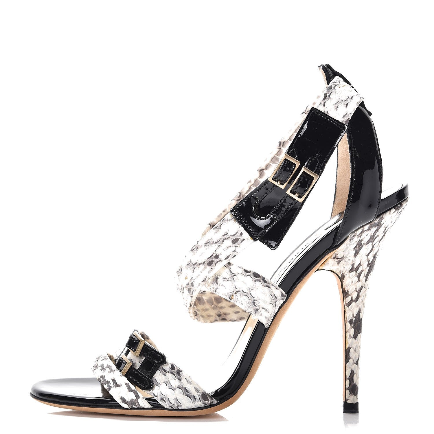 Jimmy Choo Elaphe Patent Buckle Strappy Sandals 38.5 Natural 1 of 9