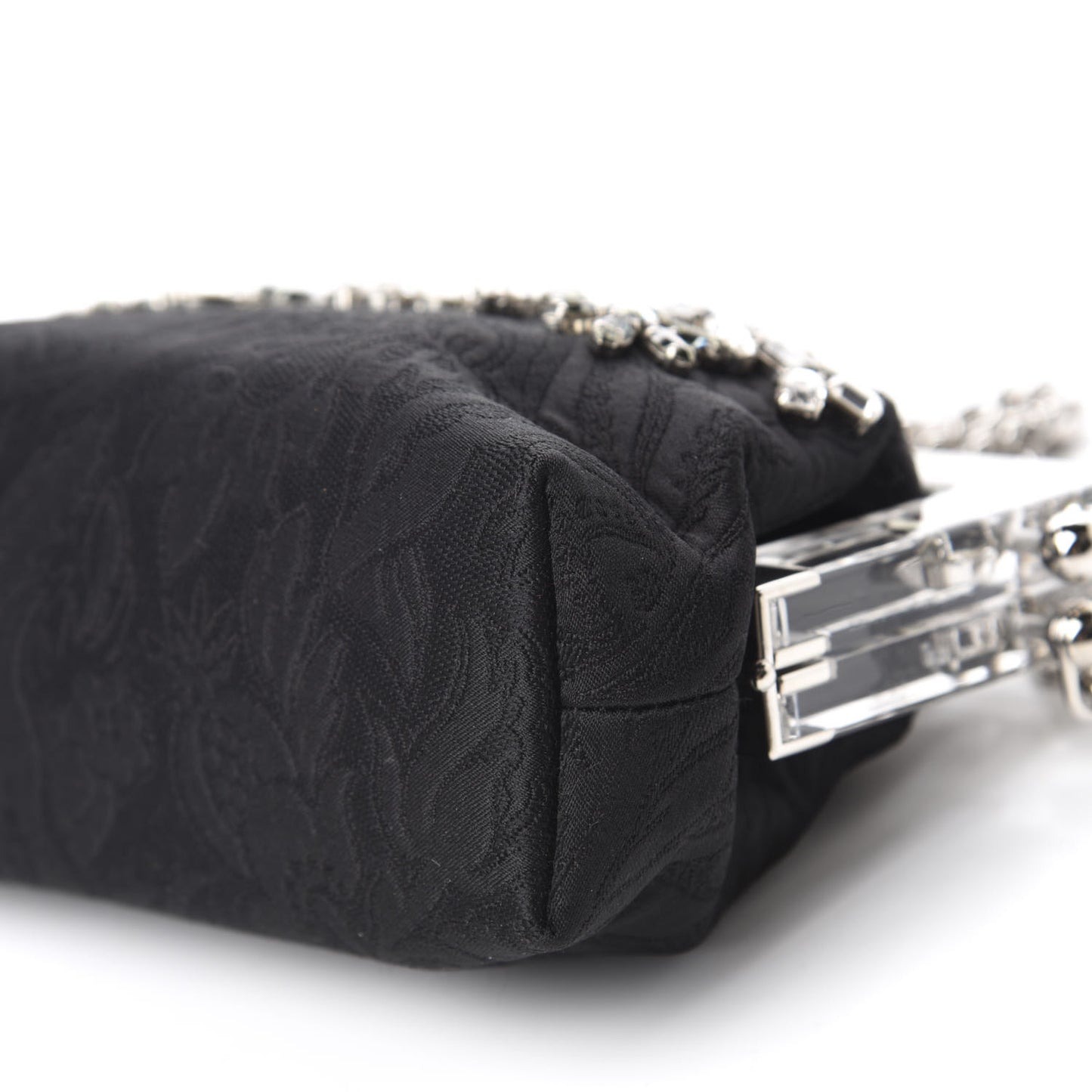 Satin Lace Crystal Embellished Plexis Glass Chain Clutch Black