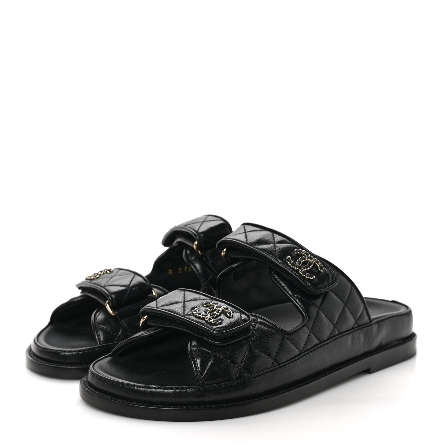Lambskin Quilted Velcro Dad Chain CC Slide Sandals 36.5 Black