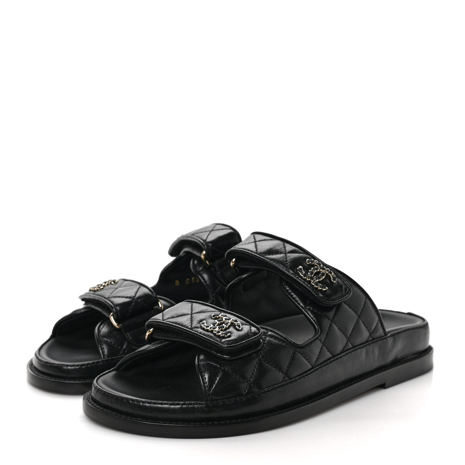 Chanel Lambskin Quilted Velcro Dad Chain CC Slide Sandals 36.5 Black 3 of 9