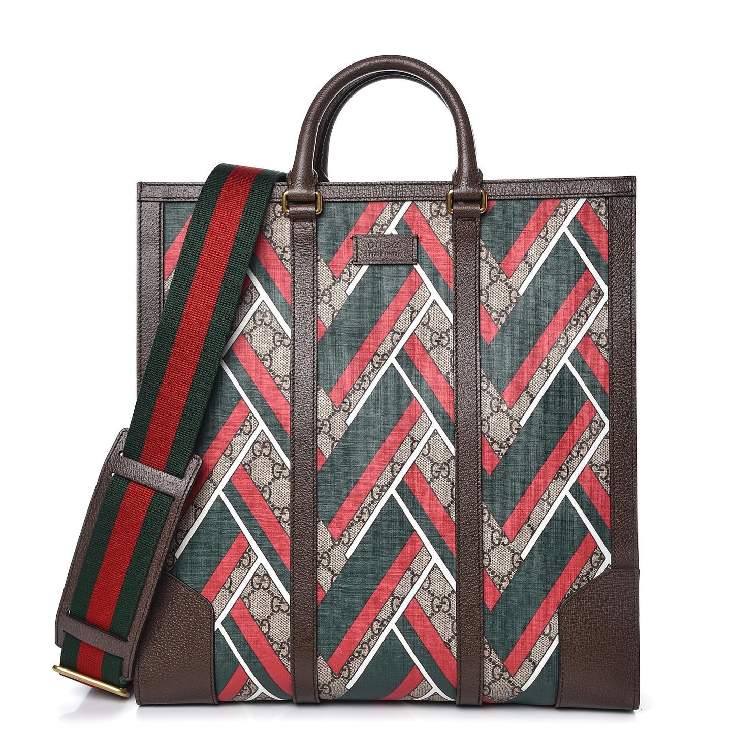 GG Supreme Monogram Chevron Web Vertical Tote Beige Green Red New Acero