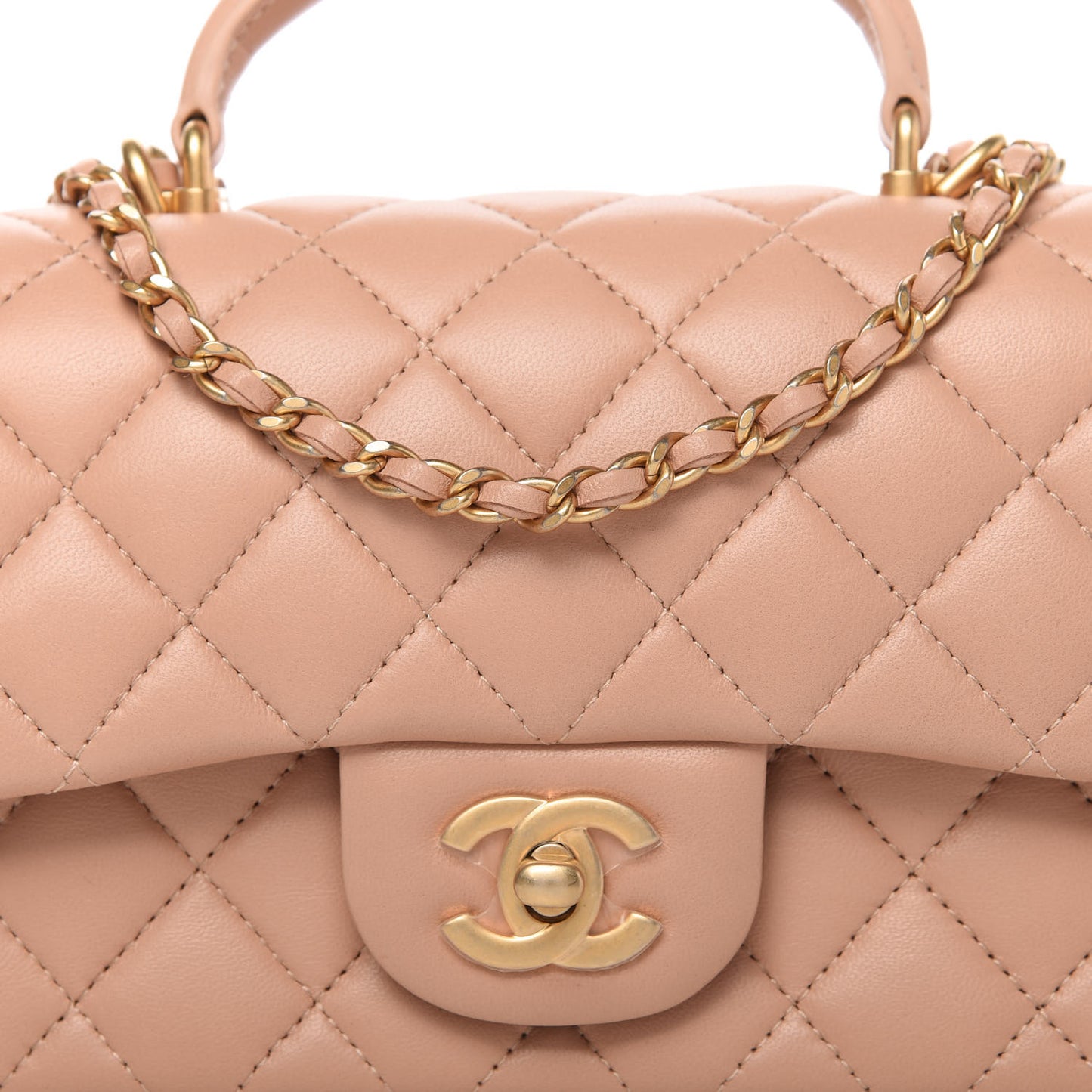 Lambskin Quilted Mini Top Handle Rectangular Flap Beige