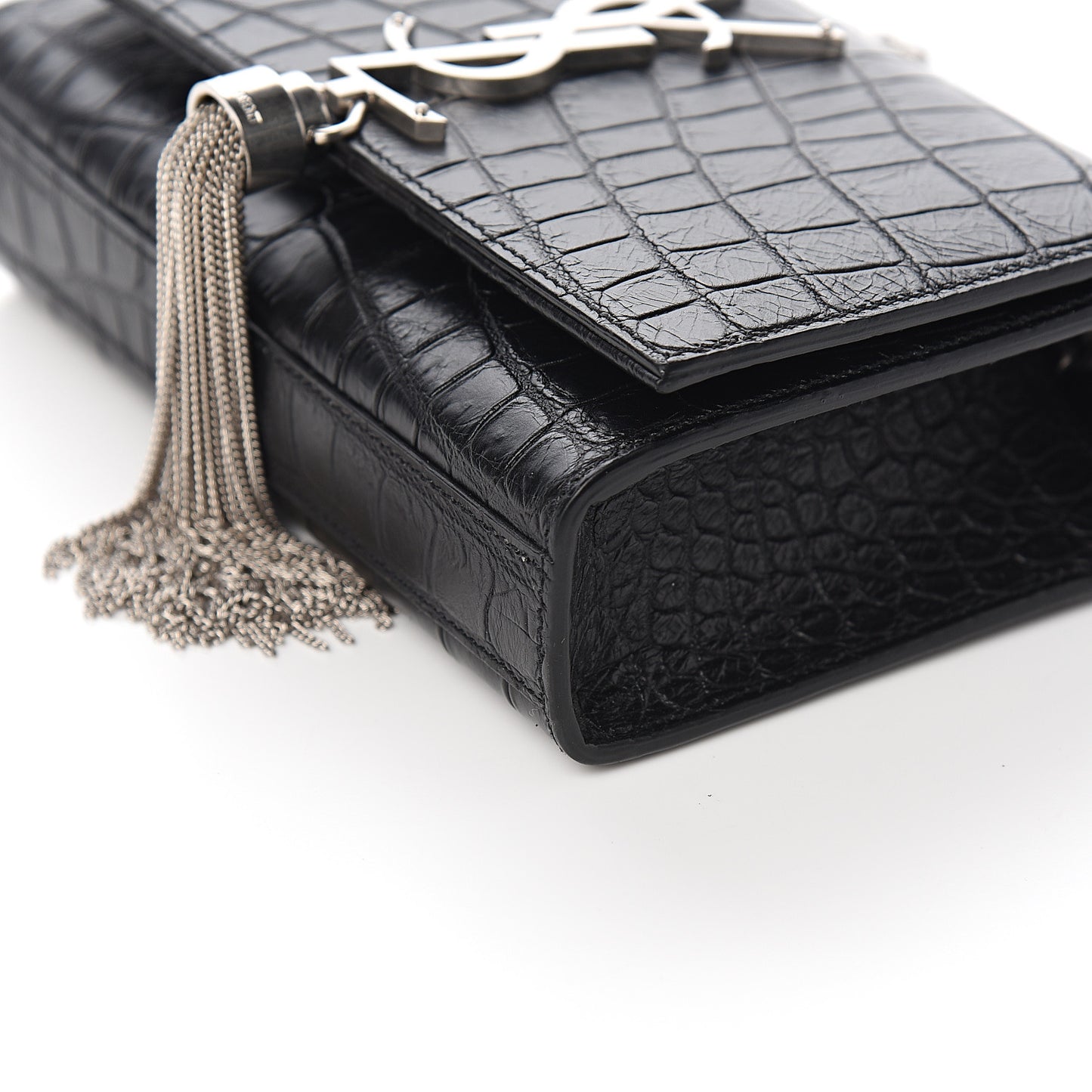 Calfskin Crocodile Embossed Small Classic Monogram Kate Tassel Satchel Black