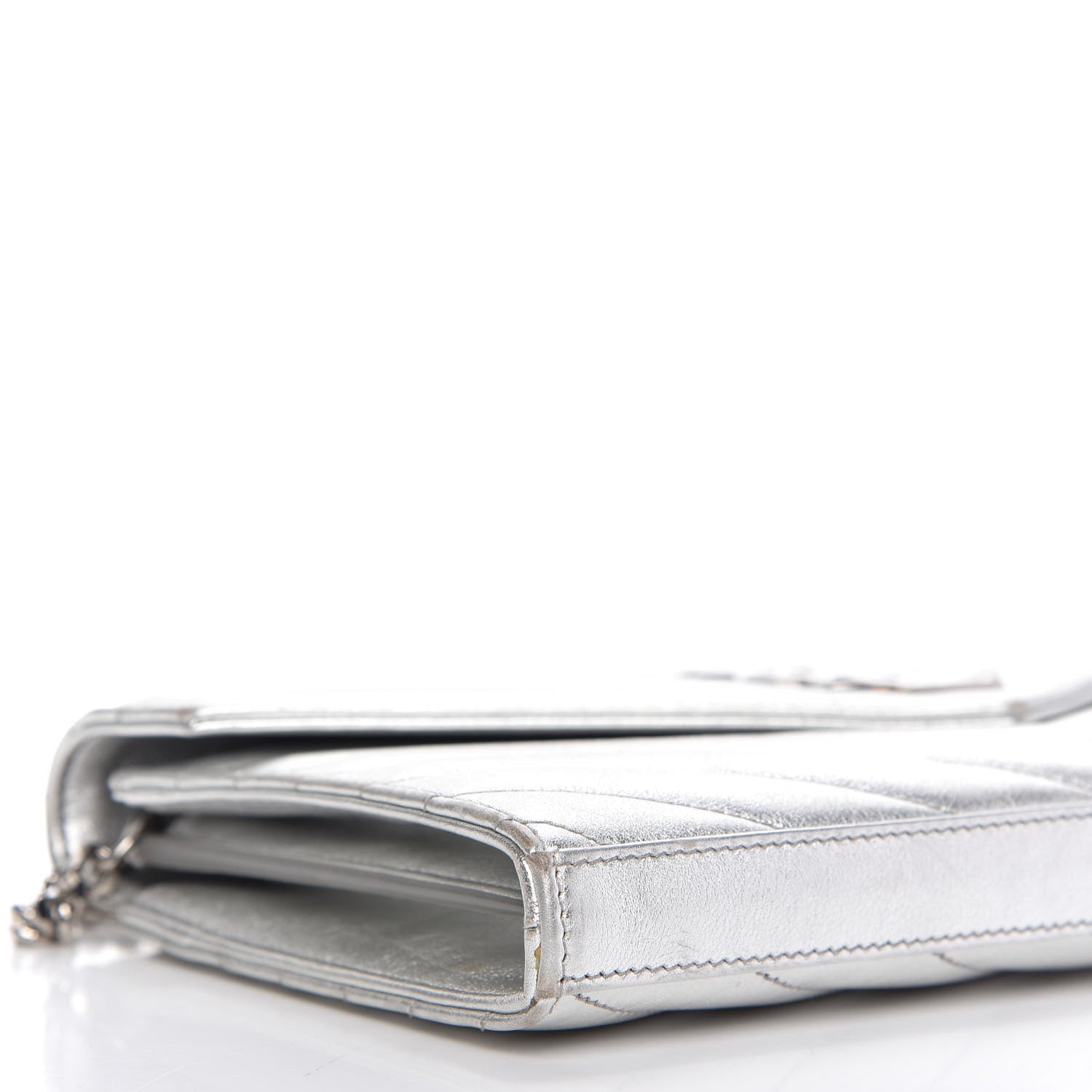 Saint Laurent Metallic Grain De Poudre Matelasse Chevron Monogram Chain Wallet Silver 6 of 11