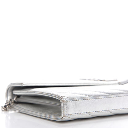 Saint Laurent Metallic Grain De Poudre Matelasse Chevron Monogram Chain Wallet Silver 6 of 11