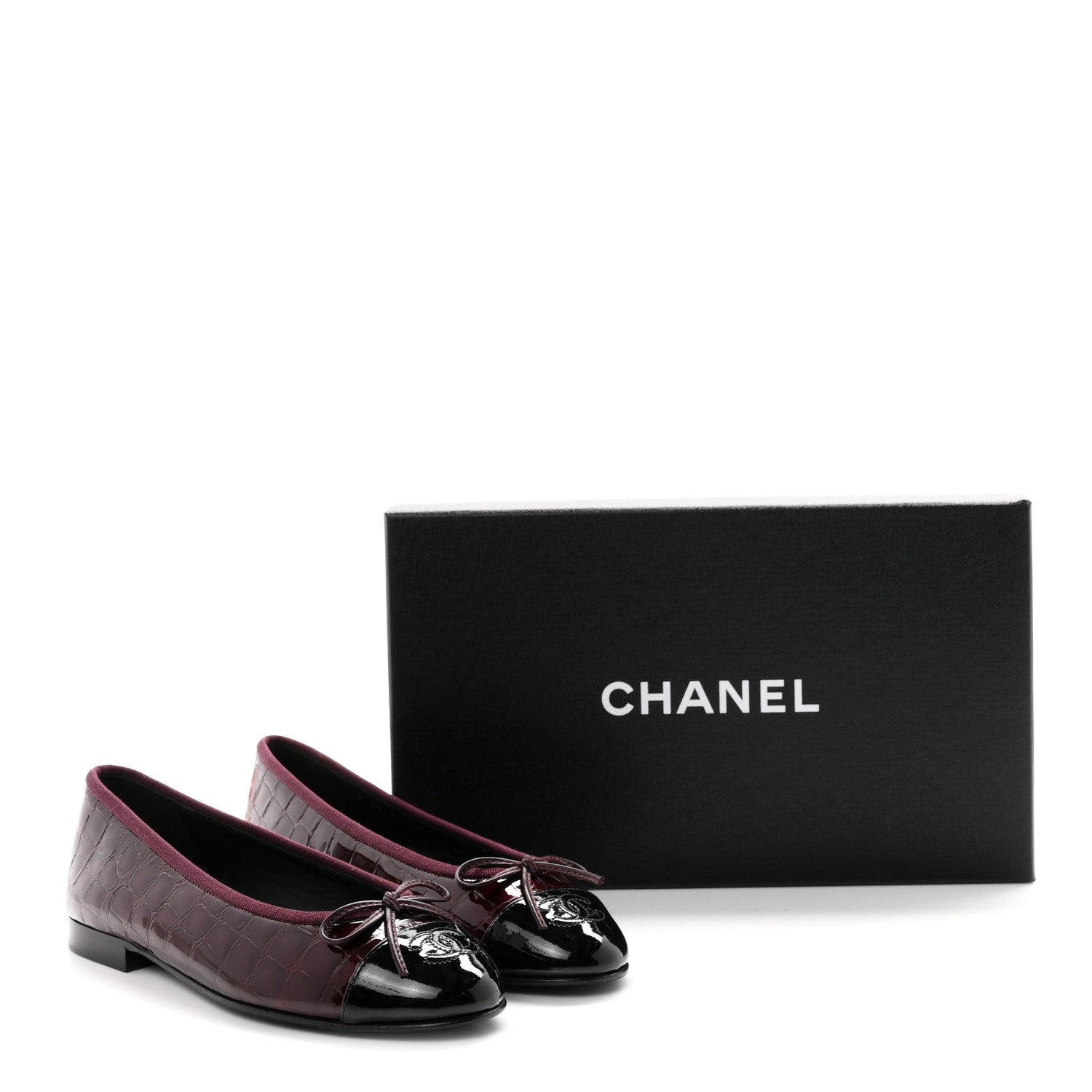 Chanel Patent Calfskin Crocodile Embossed Ballerina Flats 36.5 Dark Burgundy Black 10 of 10