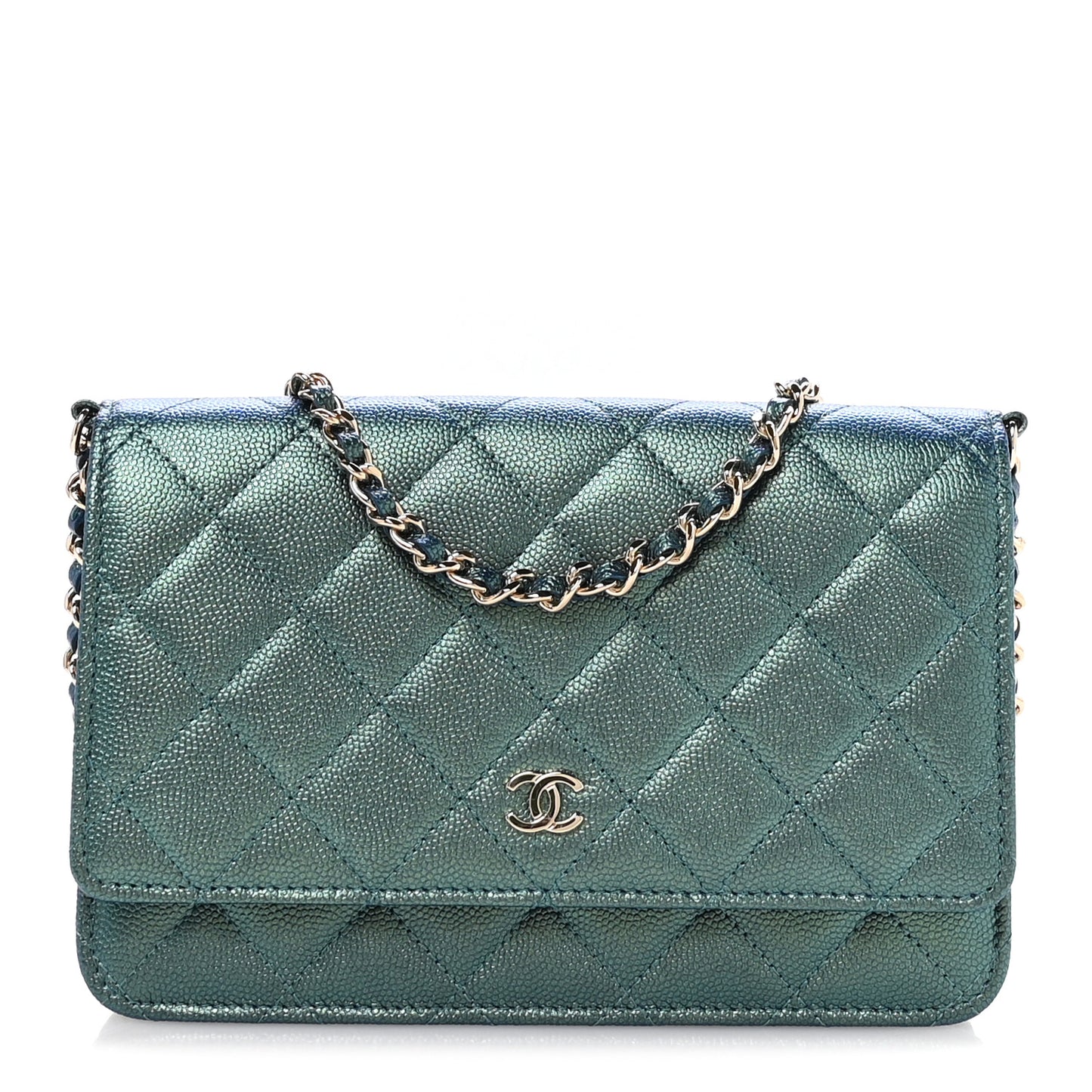 Iridescent Caviar Quilted Wallet on Chain WOC Dark Blue