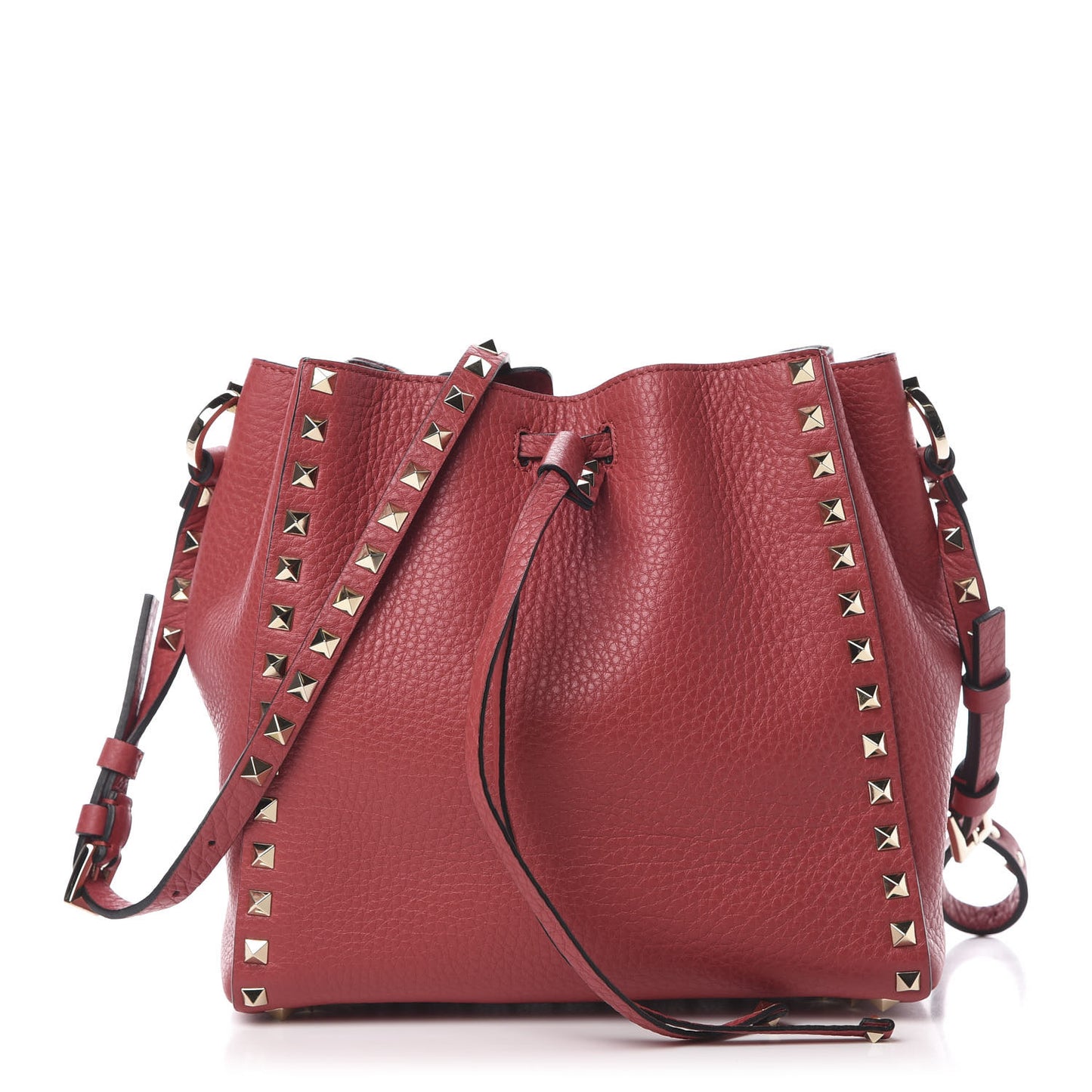Grained Calfskin Rockstud Bucket Bag Red