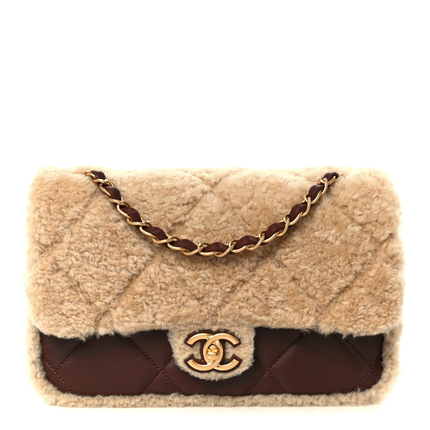 Shearling Lambskin Quilted Furry Coco Flap Dark Brown Beige