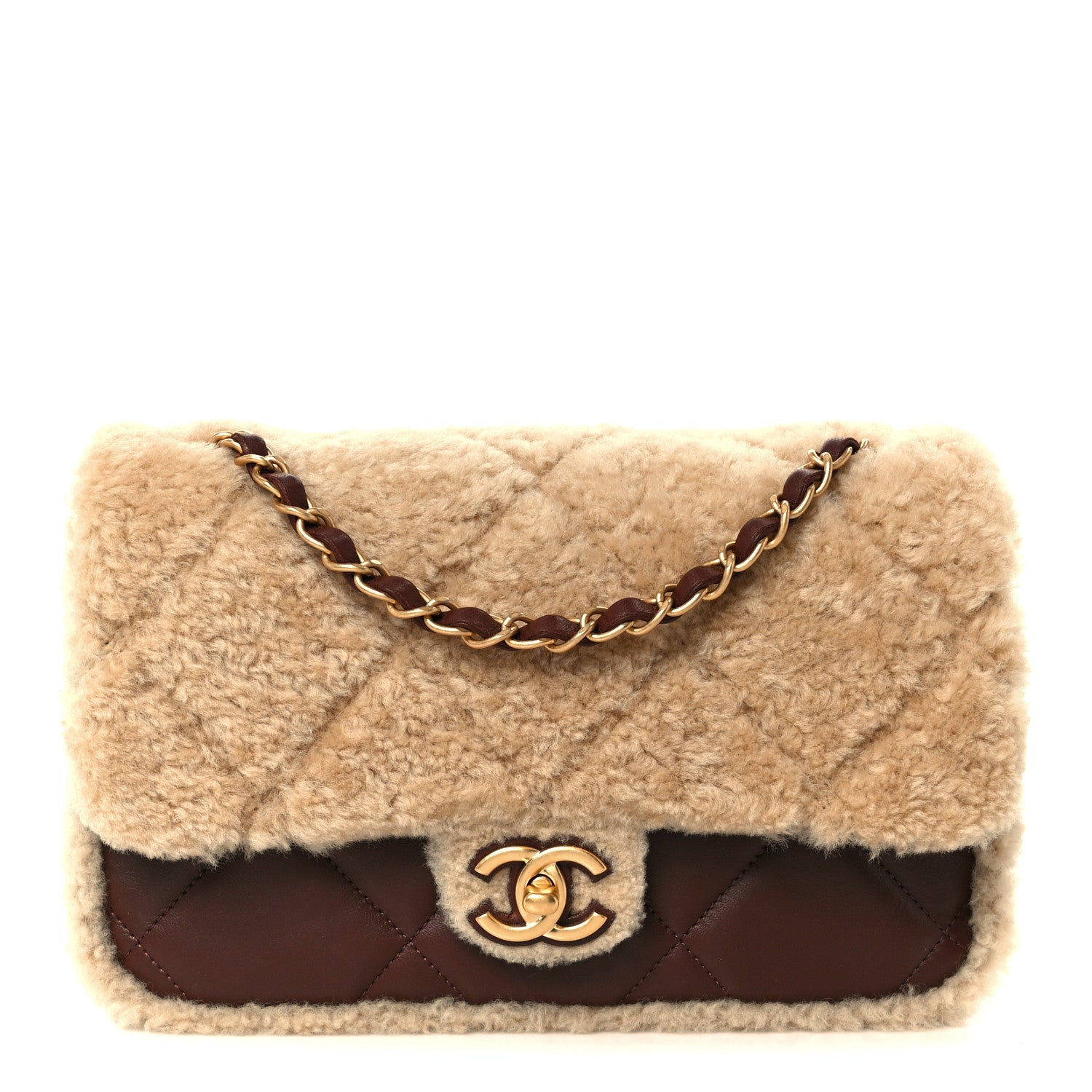 Chanel Shearling Lambskin Quilted Furry Coco Flap Dark Brown Beige 1 of 12