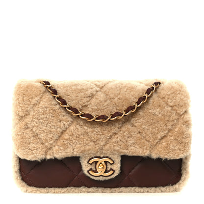 Chanel Shearling Lambskin Quilted Furry Coco Flap Dark Brown Beige 1 of 12
