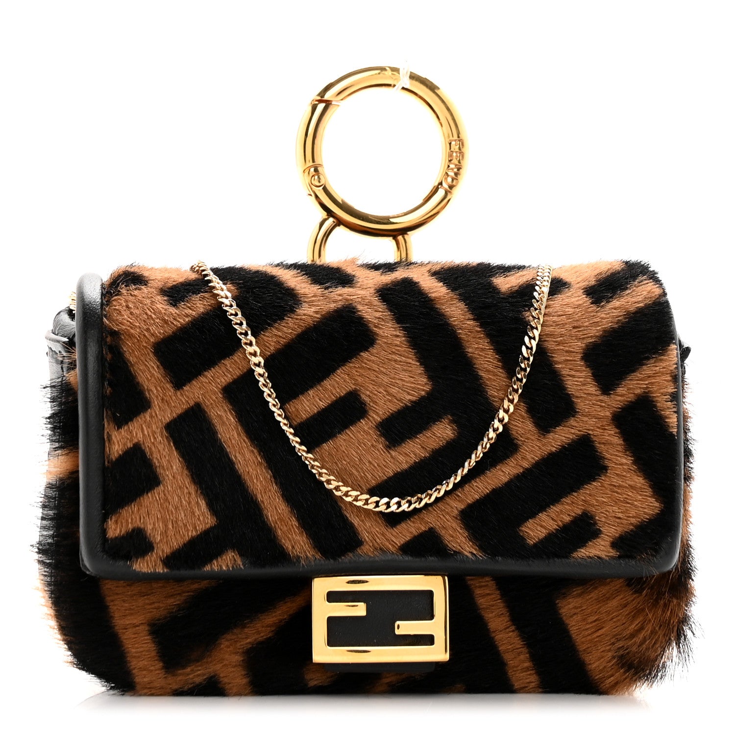 Fendi Sheared Sheepskin Vitello King FF Nano Baguette Charm Tobacco Moro Black 1 of 11