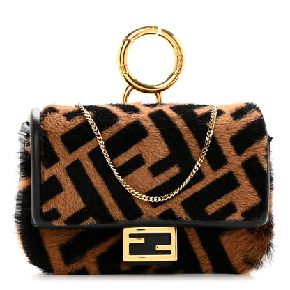 Fendi Sheared Sheepskin Vitello King FF Nano Baguette Charm Tobacco Moro Black 1 of 11