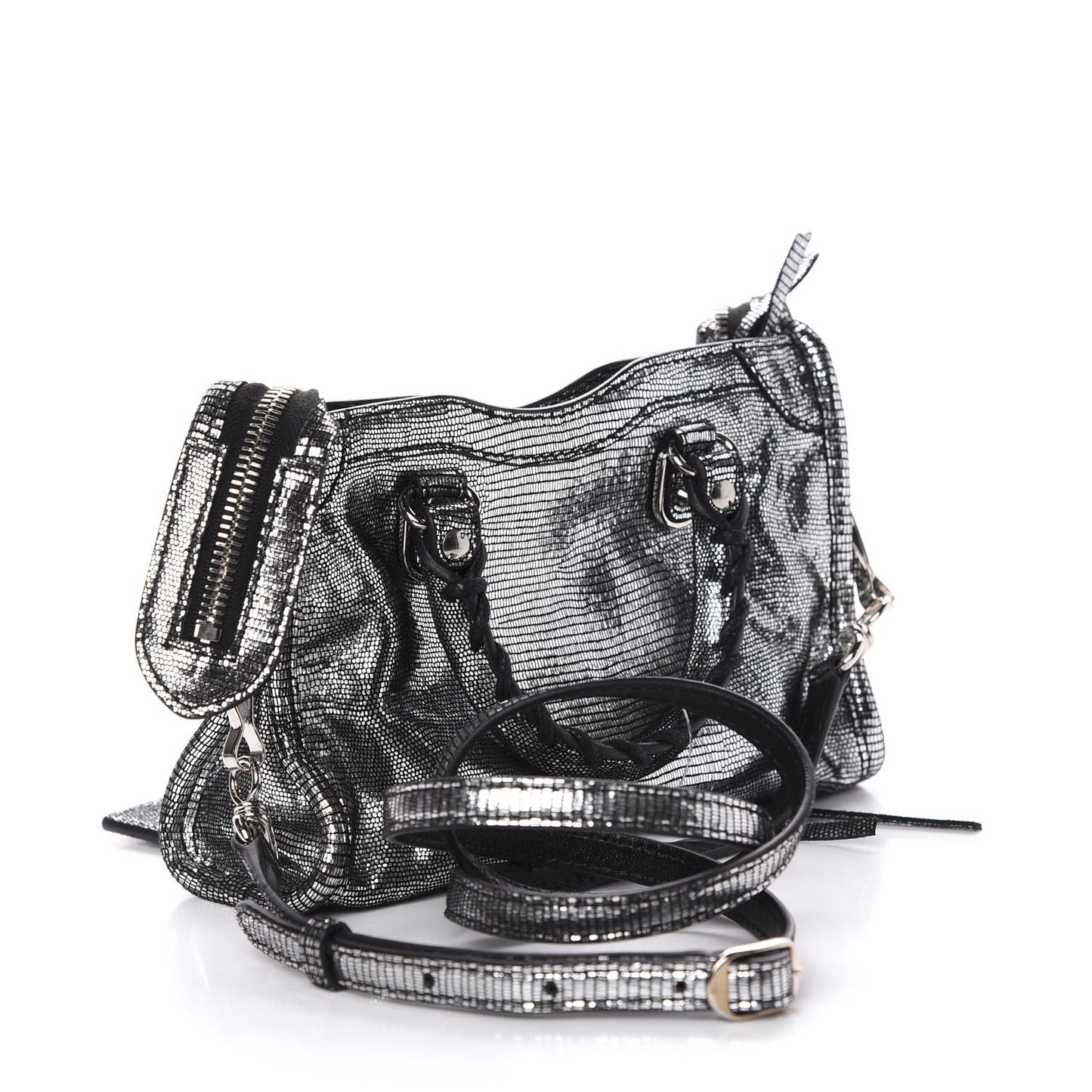 Metallic Calfskin Lizard Embossed Silver Metallic Edge Hardware Nano City Silver