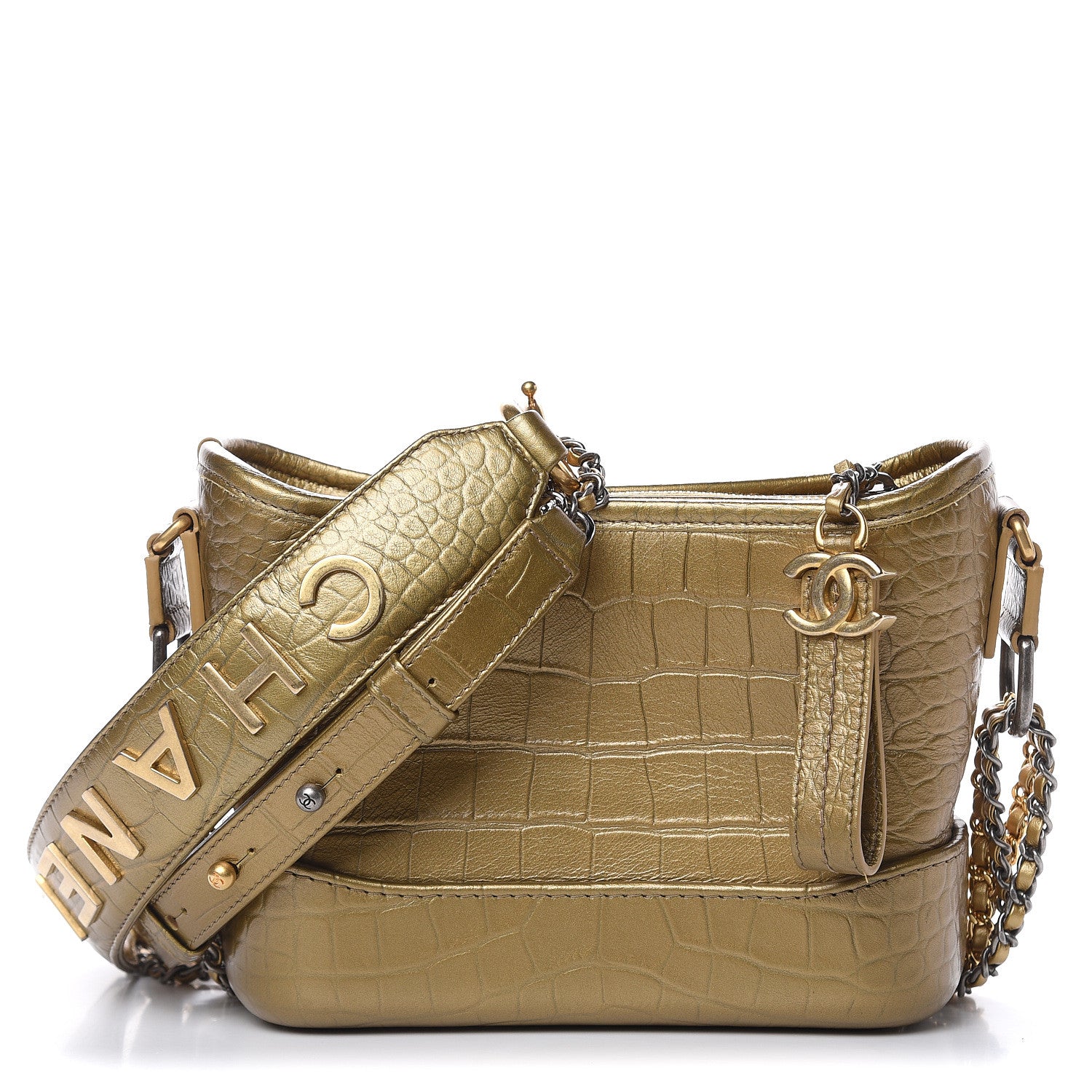 Chanel Metallic Calfskin Crocodile Embossed Cocodile Small Gabrielle Hobo Gold 1 of 11