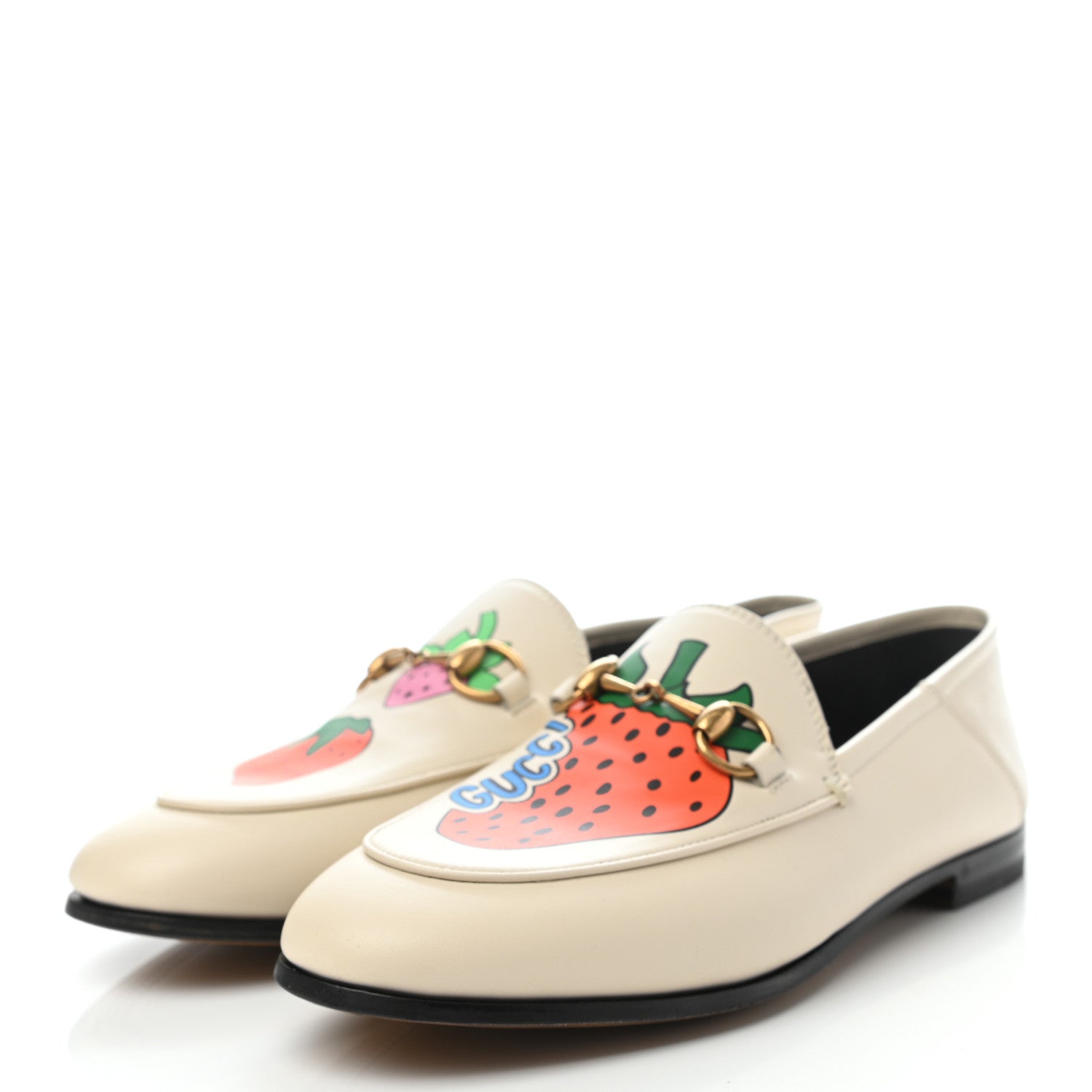 Gucci Calfskin Taste Strawberry Womens Brixton Horsebit Loafers 35.5 Ivory Red 3 of 8