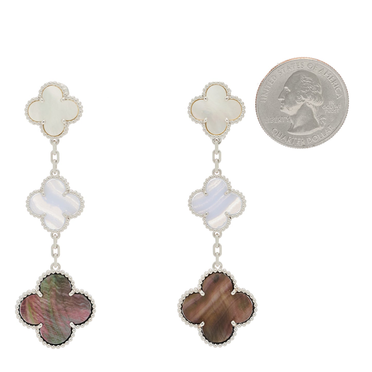18K White Gold Mother of Pearl Chalcedony 3 Motifs Magic Alhambra Earrings