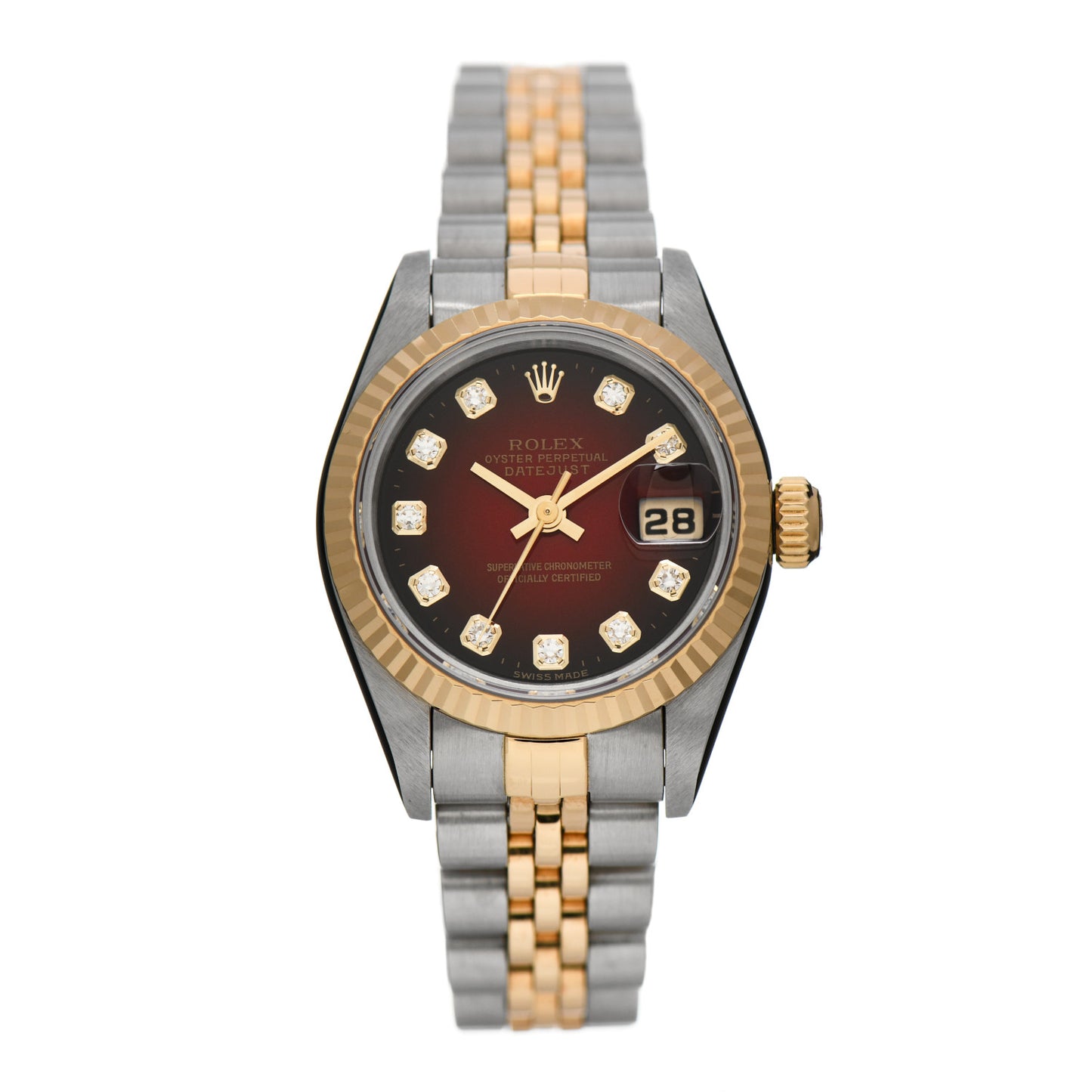 Stainless Steel 18K Yellow Gold Diamond 26mm Oyster Perpetual Datejust Watch Red Gradient 69173