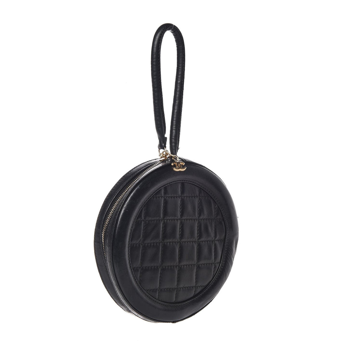Lambskin Square Quilted Round Shoulder Bag Black