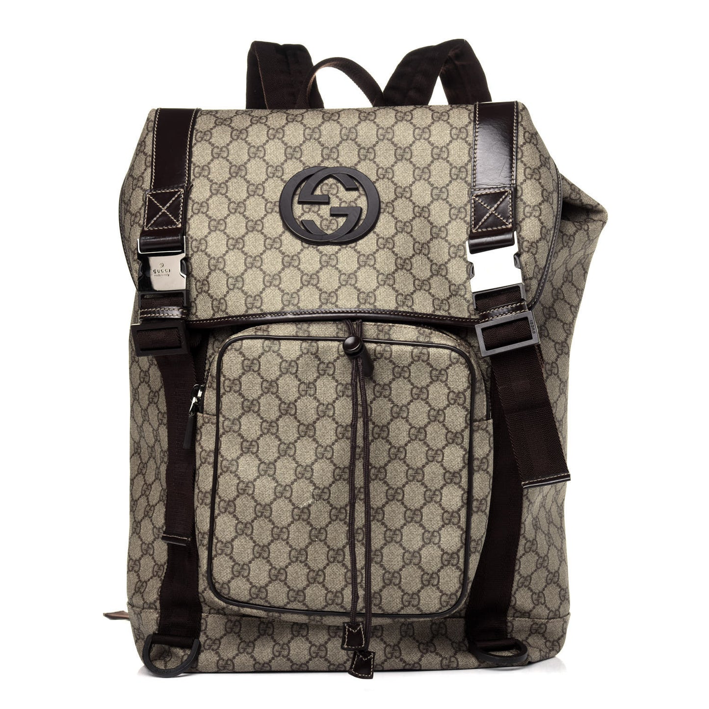 GG Supreme Monogram Large Interlocking G Double Buckle Backpack Dark Brown