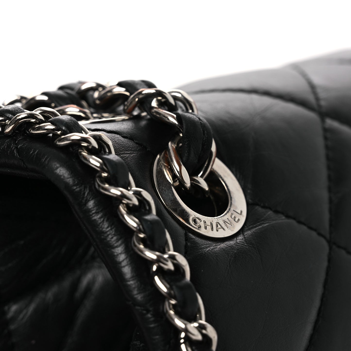Crumpled Calfskin Quilted Large Chain Around Flap Black