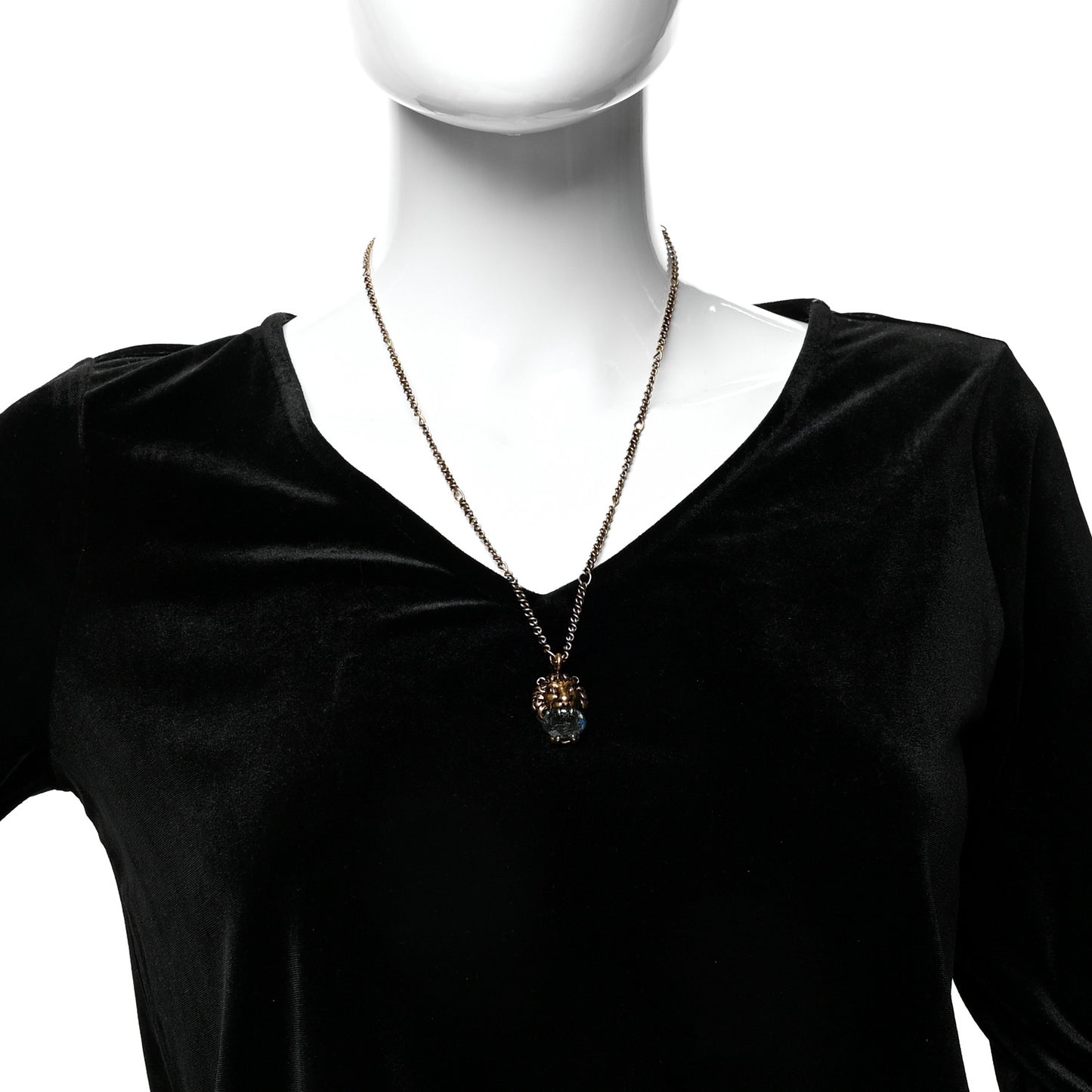 Metal Brass Swarovski Lion Head Necklace Gold Blue