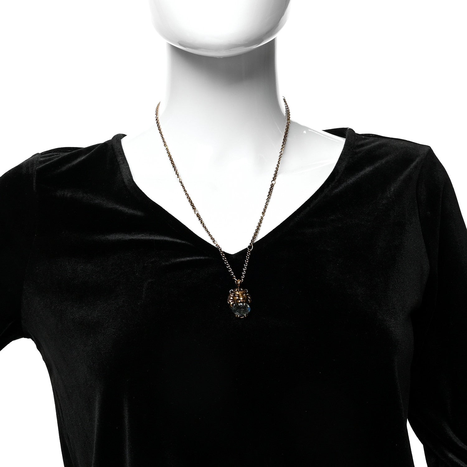 Gucci Metal Brass Swarovski Lion Head Necklace Gold Blue 2 of 6