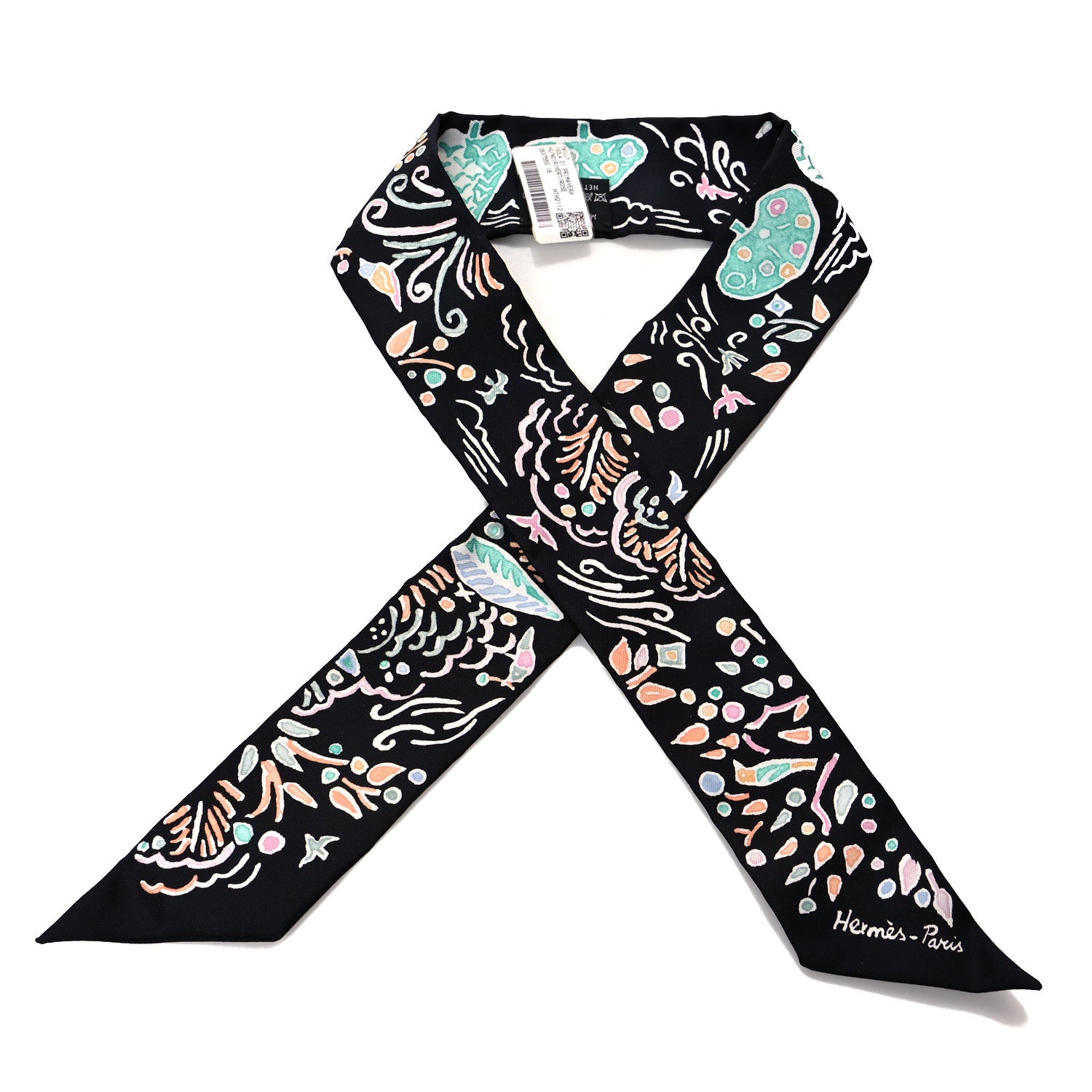 Hermes Silk Isola Di Primavera Twilly Black Vert Rose 1 of 4