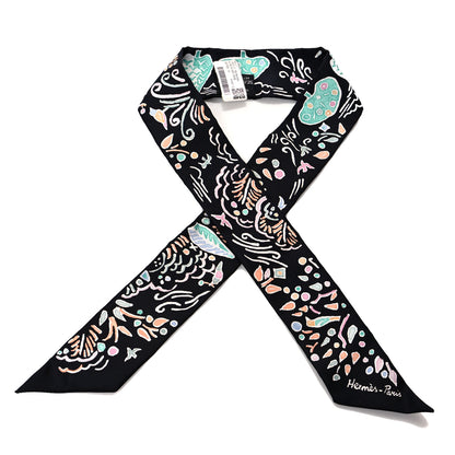 Hermes Silk Isola Di Primavera Twilly Black Vert Rose 1 of 4