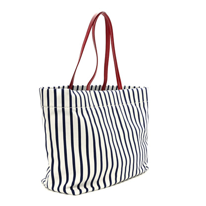 Miu Miu Canvas Denim Striped Logo Tote White Blue 3 of 9