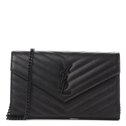 Saint Laurent Grain De Poudre Matelasse Chevron Monogram Chain Wallet Black 1 of 10