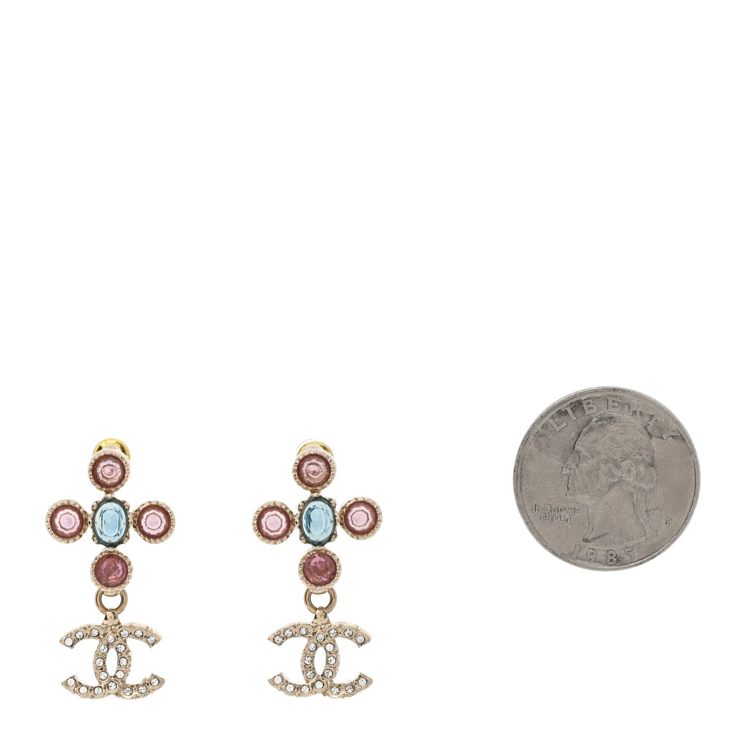 Chanel Crystal CC Drop Earrings Pink Blue Gold 2 of 5