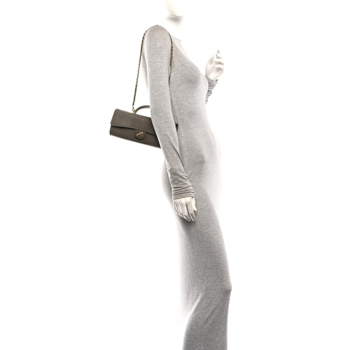 Calfskin Lizard Embossed Top Handle Long Clutch With Chain Dark Khaki