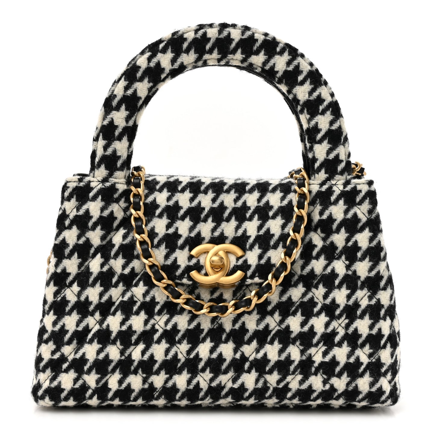Tweed Houndstooth Quilted Nano Kelly Shopper Black White