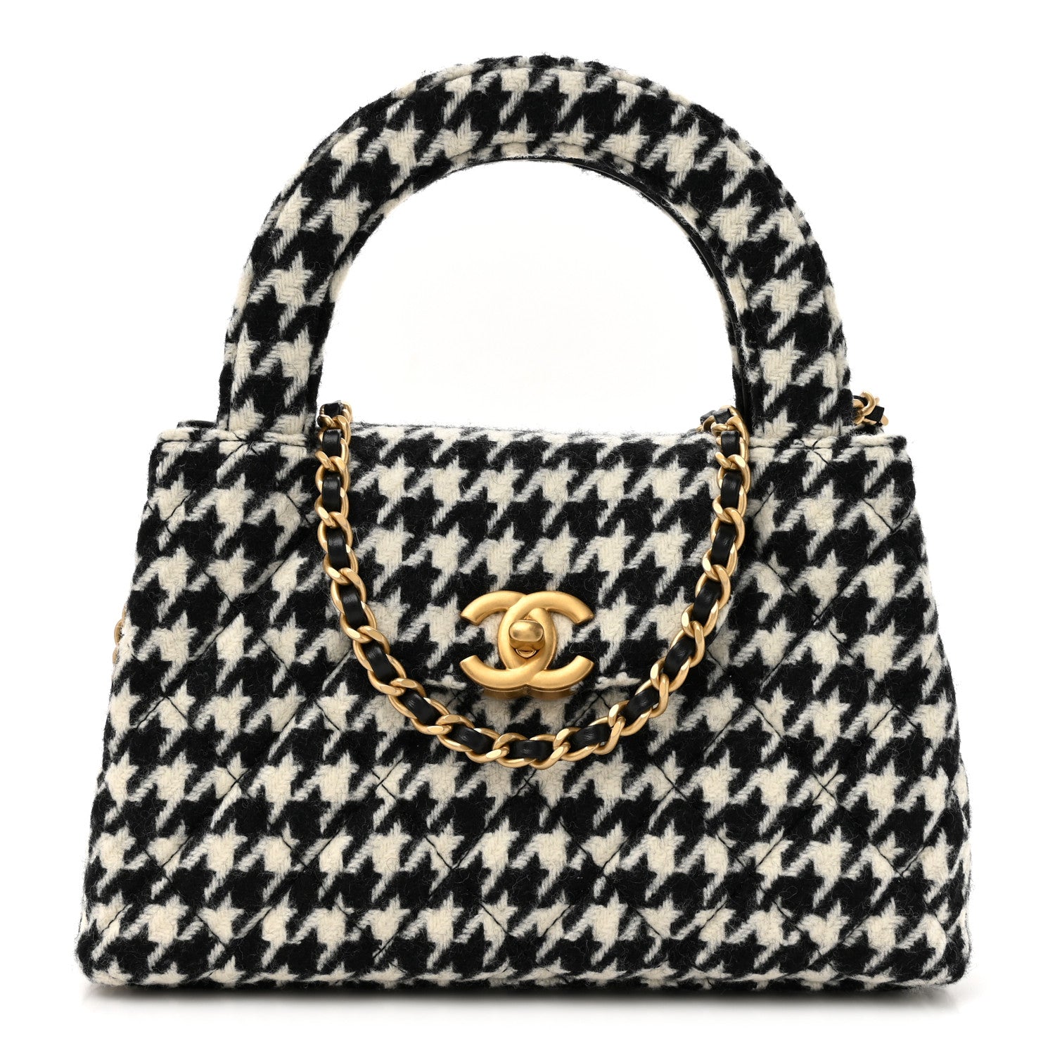 Chanel Tweed Houndstooth Quilted Nano Kelly Shopper Black White 1 of 11