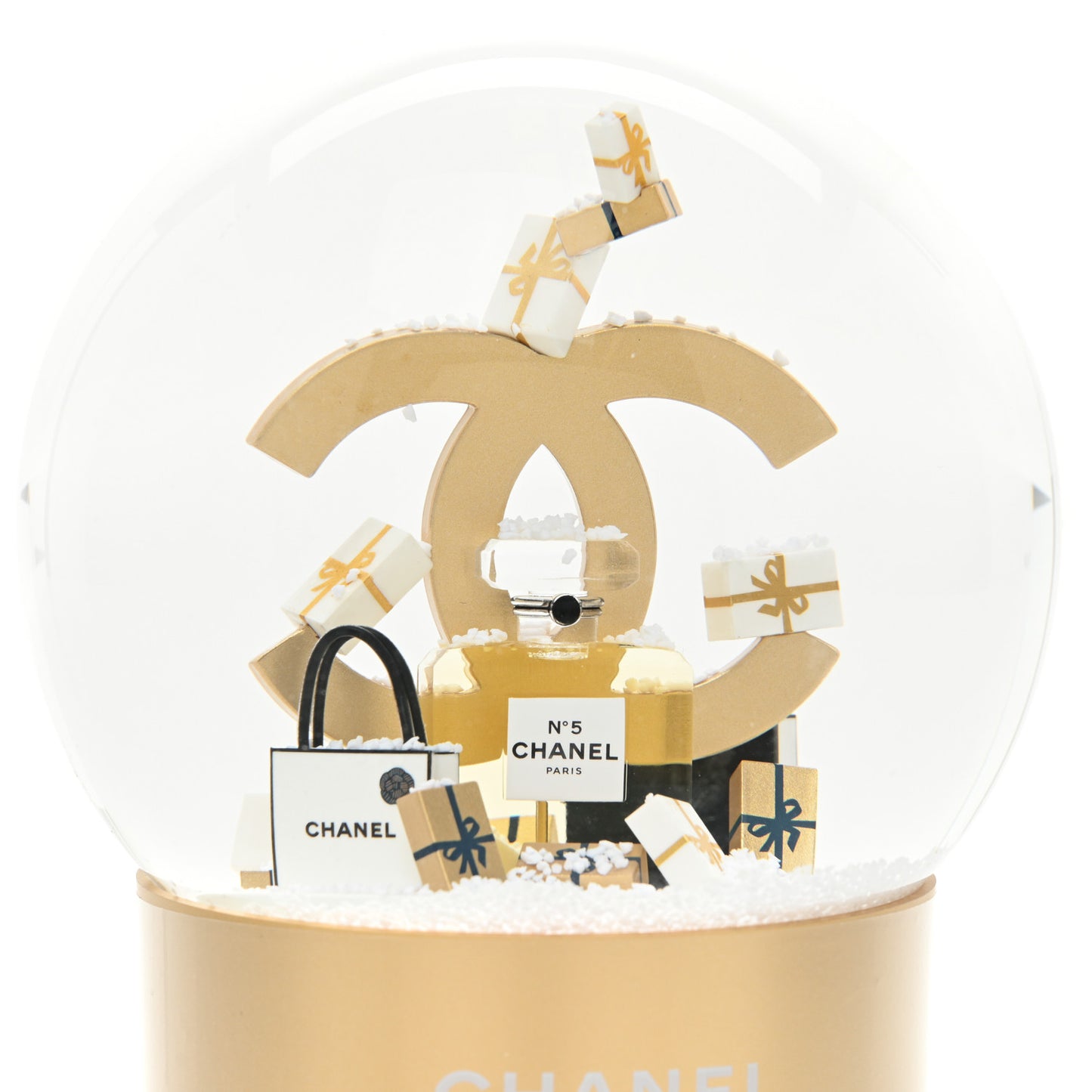 Glass CC Shopping Bag Snow Globe Gold
