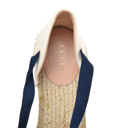 Gucci Canvas Sylvie Web Ankle Wrap Espadrille Wedge Sandals 39 Mystic White Hibiscus Red Maritime 6 of 9