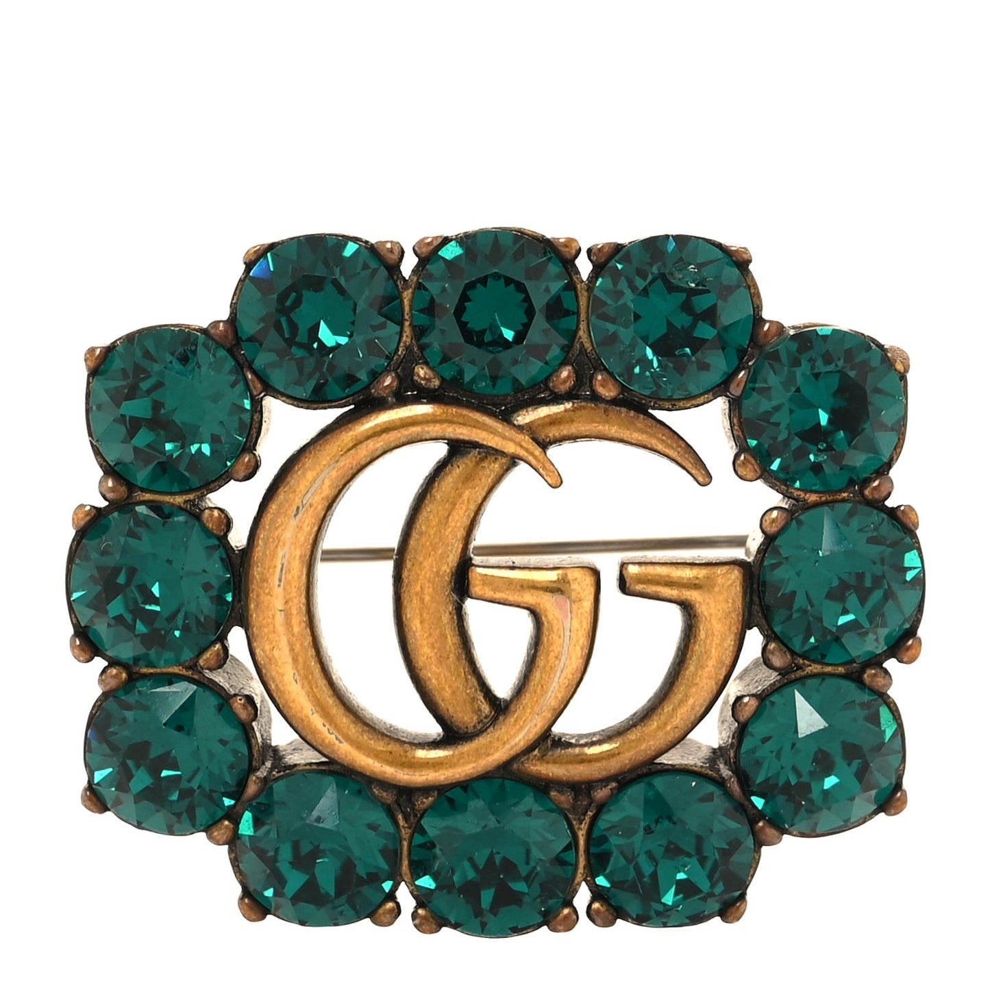 Metal Crystal Double G Brooch Aged Gold Green