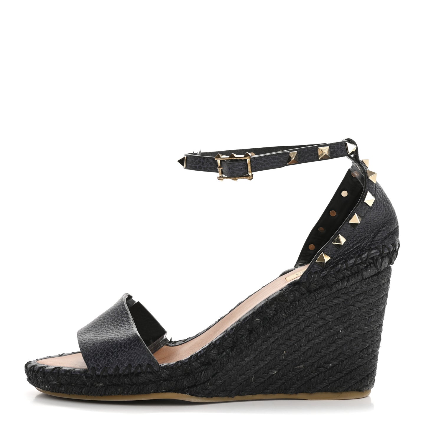 Grained Calfskin Rockstud Ankle Strap Espadrille 15/105mm Wedge Sandals 41 Black