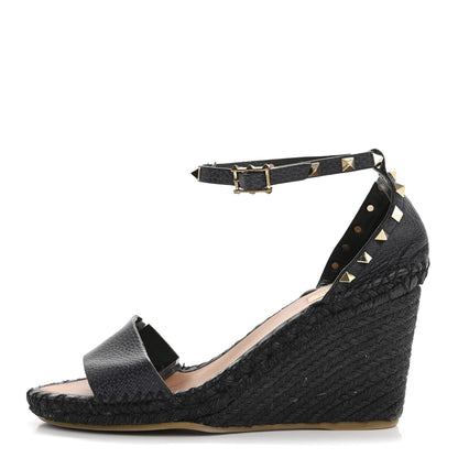 Valentino Garavani Grained Calfskin Rockstud Ankle Strap Espadrille 15/105mm Wedge Sandals 41 Black 1 of 14