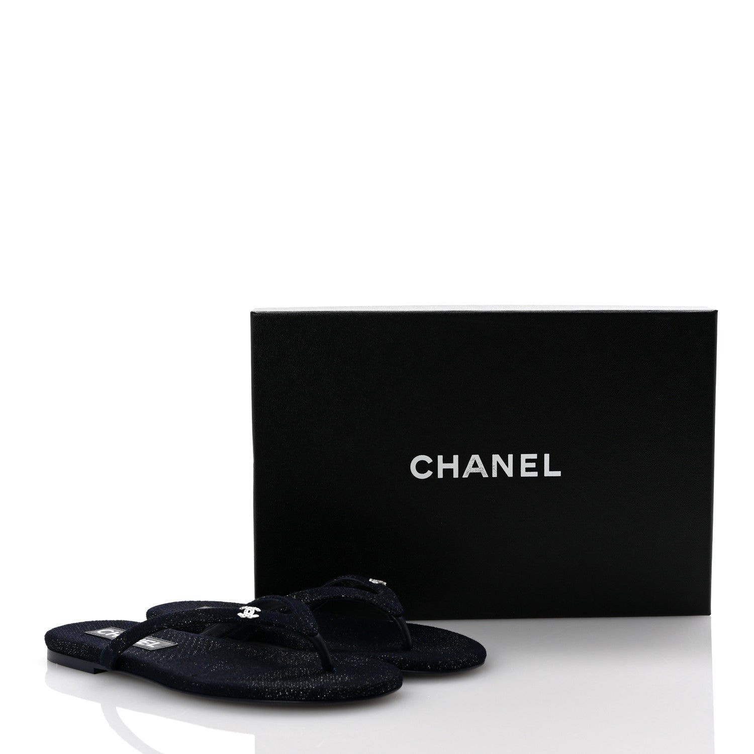 Chanel Cotton SIlk Crystal CC Thong Sandals 36.5 Dark Blue Silver 10 of 10