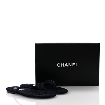 Chanel Cotton SIlk Crystal CC Thong Sandals 36.5 Dark Blue Silver 10 of 10